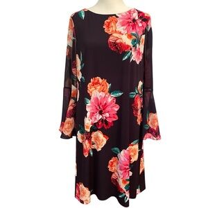 J.Howard Shift Dress Size 12 Black Floral Long Sheer Bell Sleeves Flowy Church